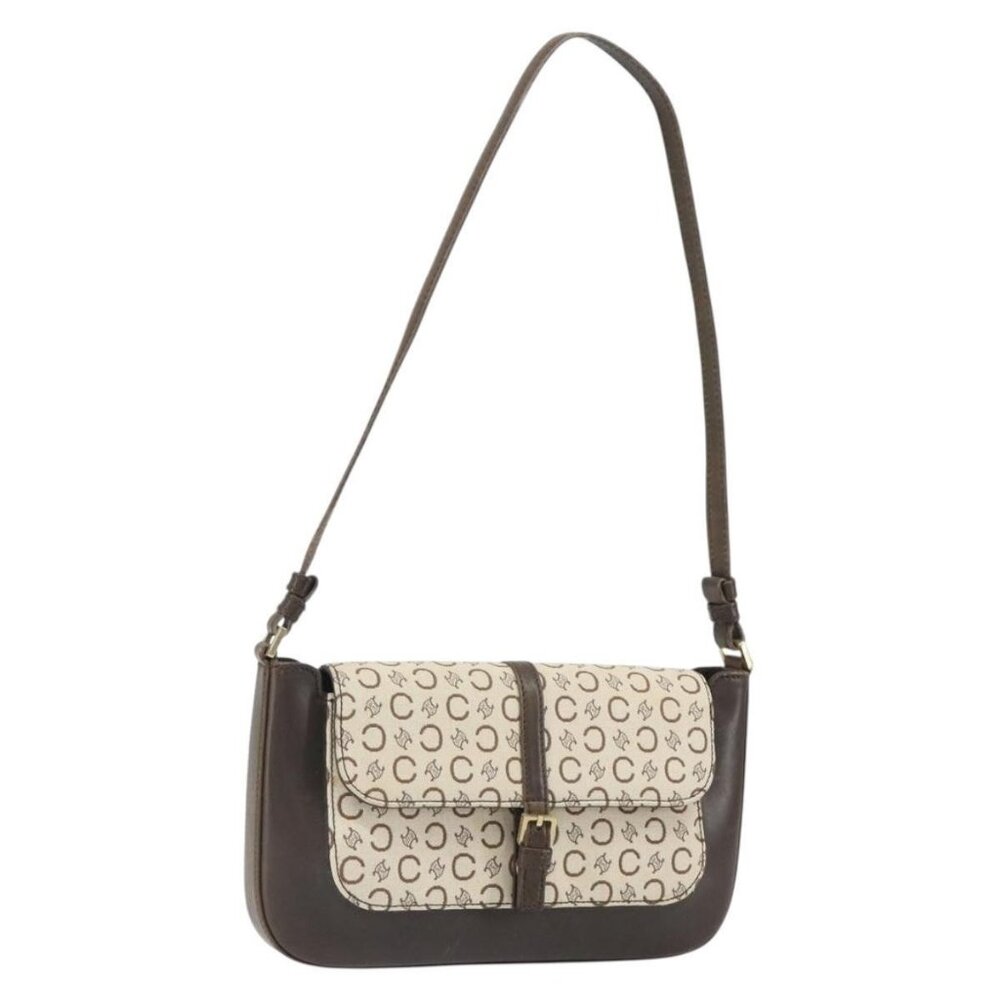 Authentic CELINE C Macadam Canvas Shoulder Bag Beige Gold